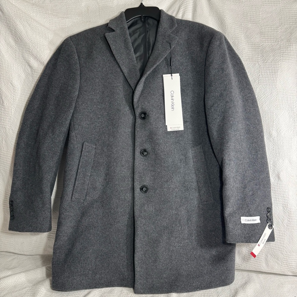 NWT Calvin Klein men's Grey Wool Slim Fit Overcoat Top Coat Size 40s